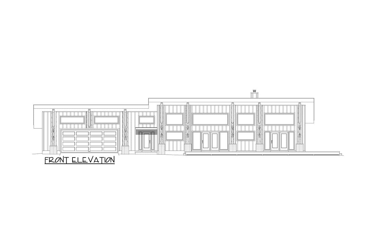 Front elevation drawing of a modern house plan with a three-car garage and multiple large windows.
