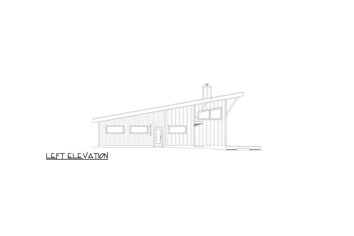 Left elevation drawing of a one-story house with a steeply pitched, asymmetric roof, multiple windows, and a chimney.