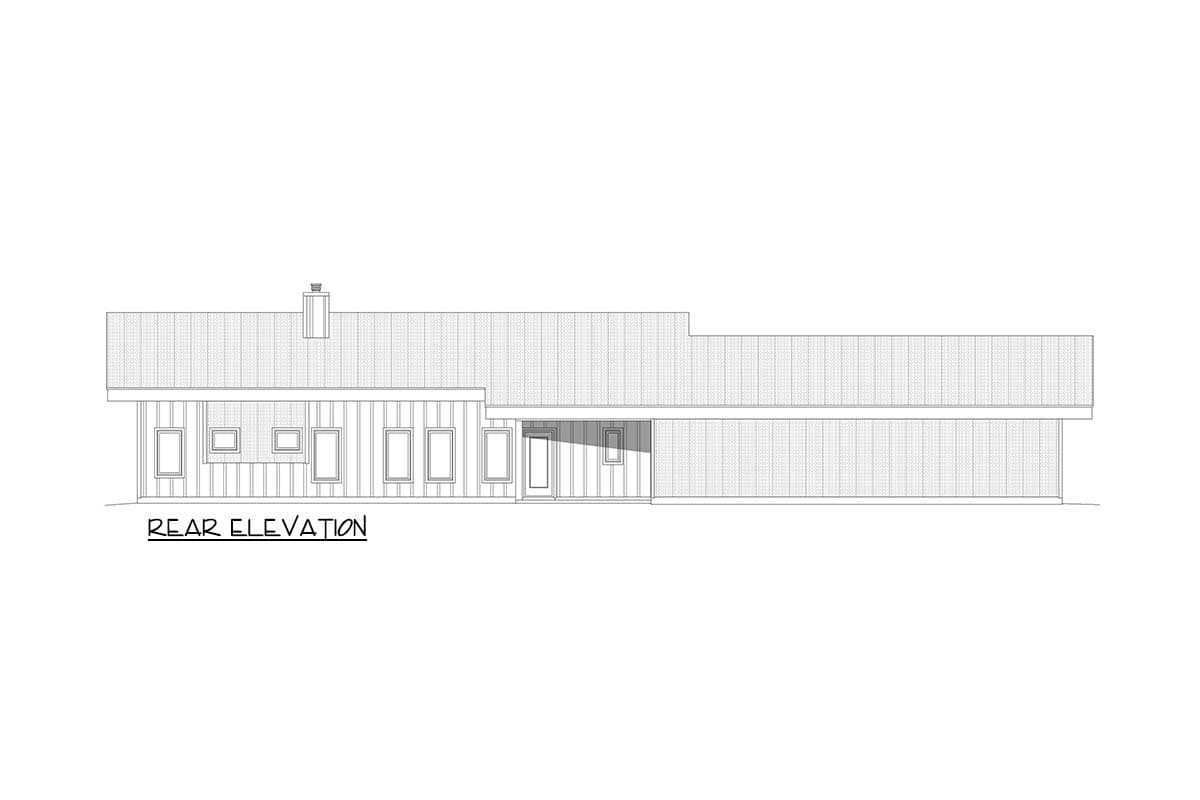 Rear elevation drawing of a house with a chimney and multiple windows.