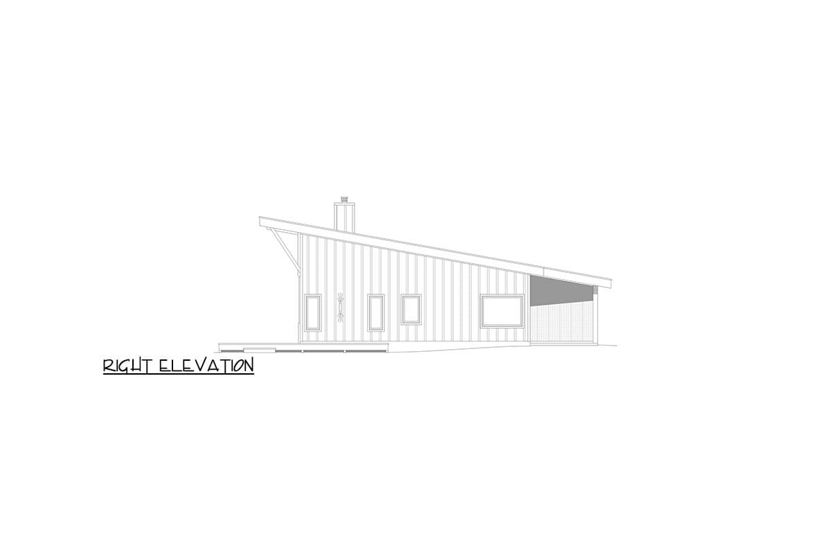 Right elevation drawing of a single-story house with a shed roof, chimney, and covered porch.