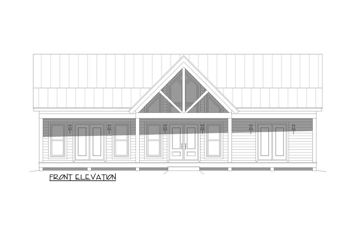 Front elevation drawing of a single-story house plan with a prominent gable, double front doors, and a covered porch.