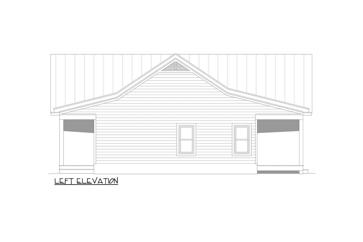 Left elevation drawing of a house plan, showing a gabled roof, two windows, and covered porches on either side.