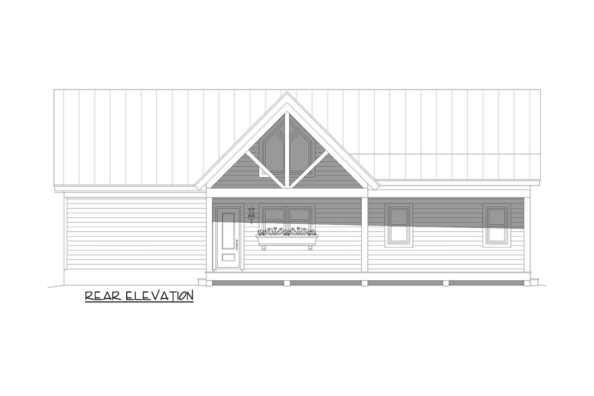 Rear elevation drawing of a house plan with a prominent gable, shed roof, and a covered porch with square columns.