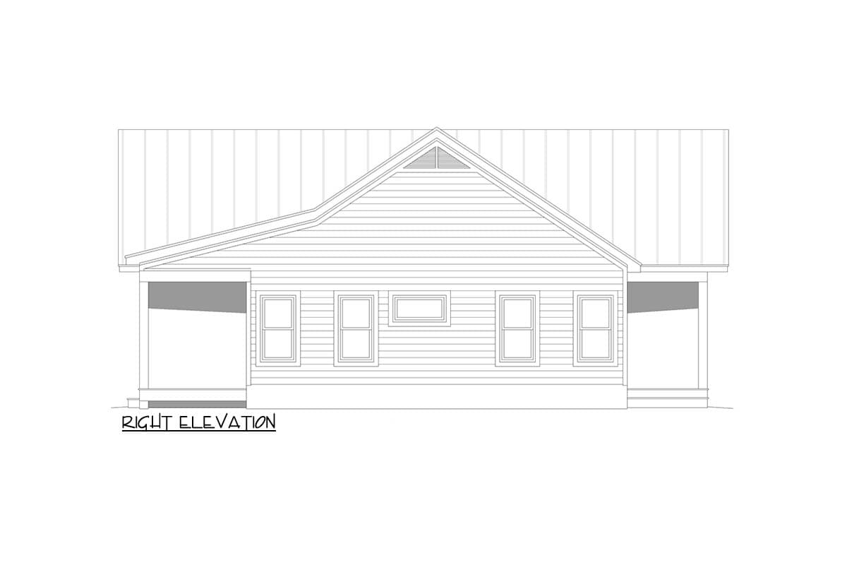 Right elevation house plan drawing shows a single-story home with a prominent gable, porch, and multiple windows.
