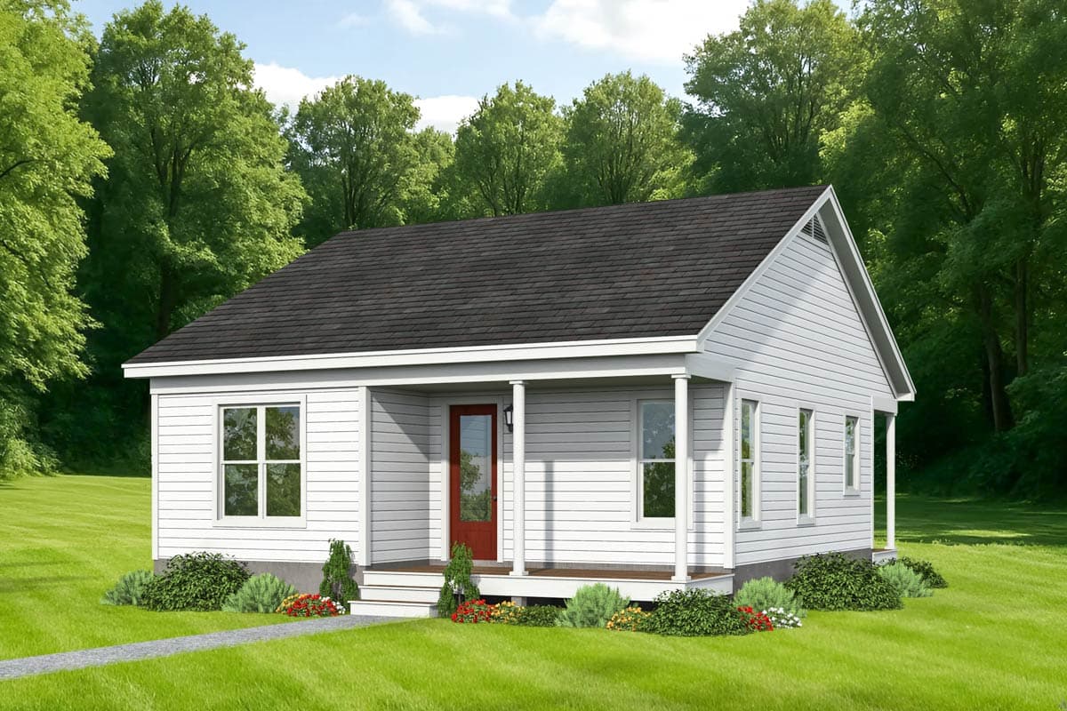 House plan exterior. One-story Ranch style with gabled roof, front porch with columns, and horizontal siding.