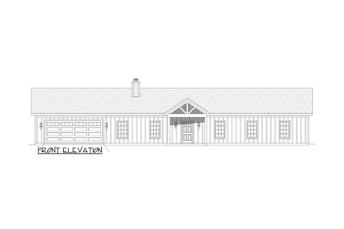 Front elevation drawing of a one-story house plan with a gabled covered entry, attached garage, and multiple windows.