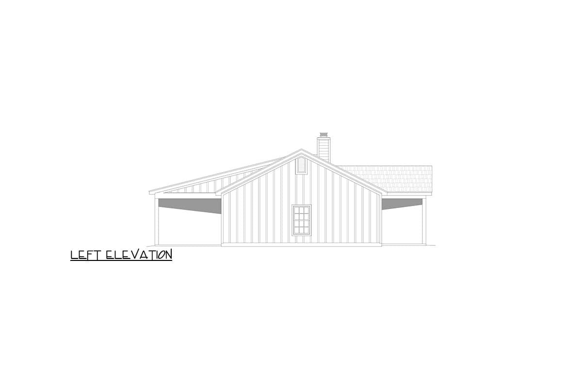 Left elevation drawing of a house plan featuring a gable roof, vertical siding, a chimney, and an attached carport.