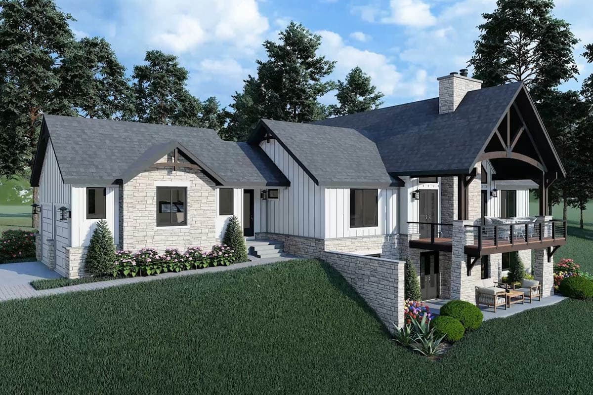 House plan exterior: Modern Farmhouse style, two stories, stone and board-and-batten siding, gables, and deck.