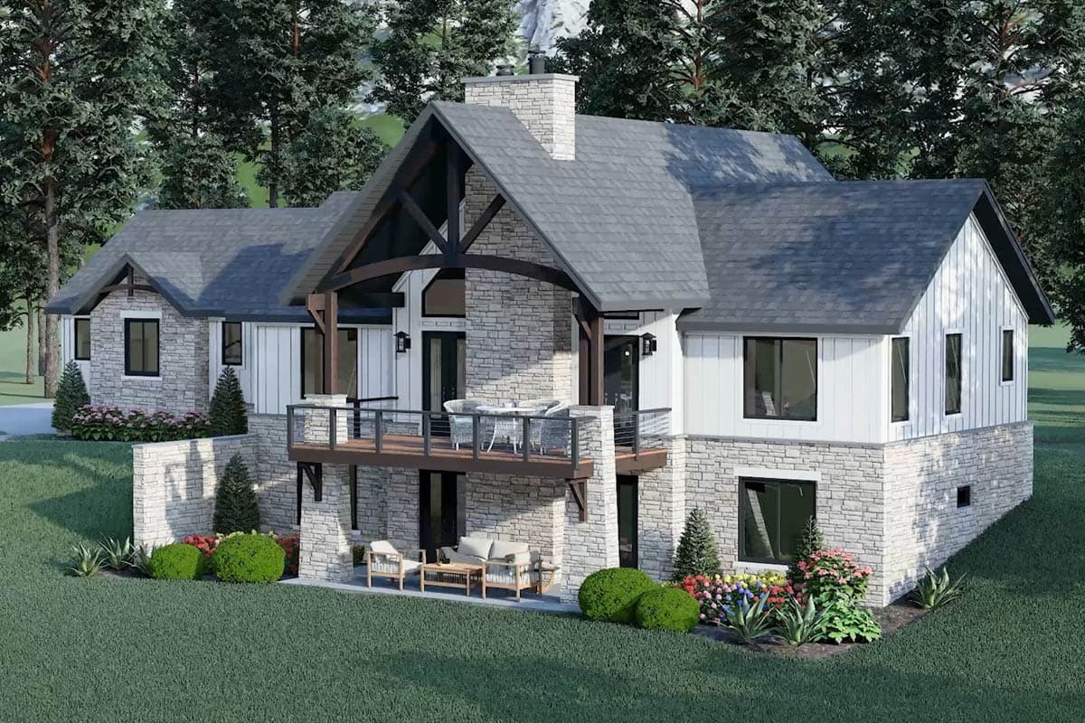 House plan exterior of a modern farmhouse style home with stone and vertical siding, two stories, prominent gables, and a large deck.