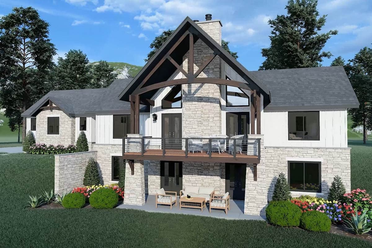 House plan exterior featuring stone and white siding, multiple levels, gabled roof with exposed beams, and upper deck.