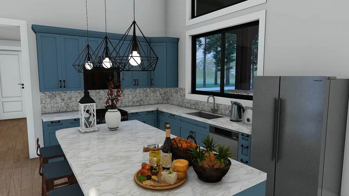 Kitchen with blue cabinetry, marble countertops, large window, island with seating, and stainless steel refrigerator.