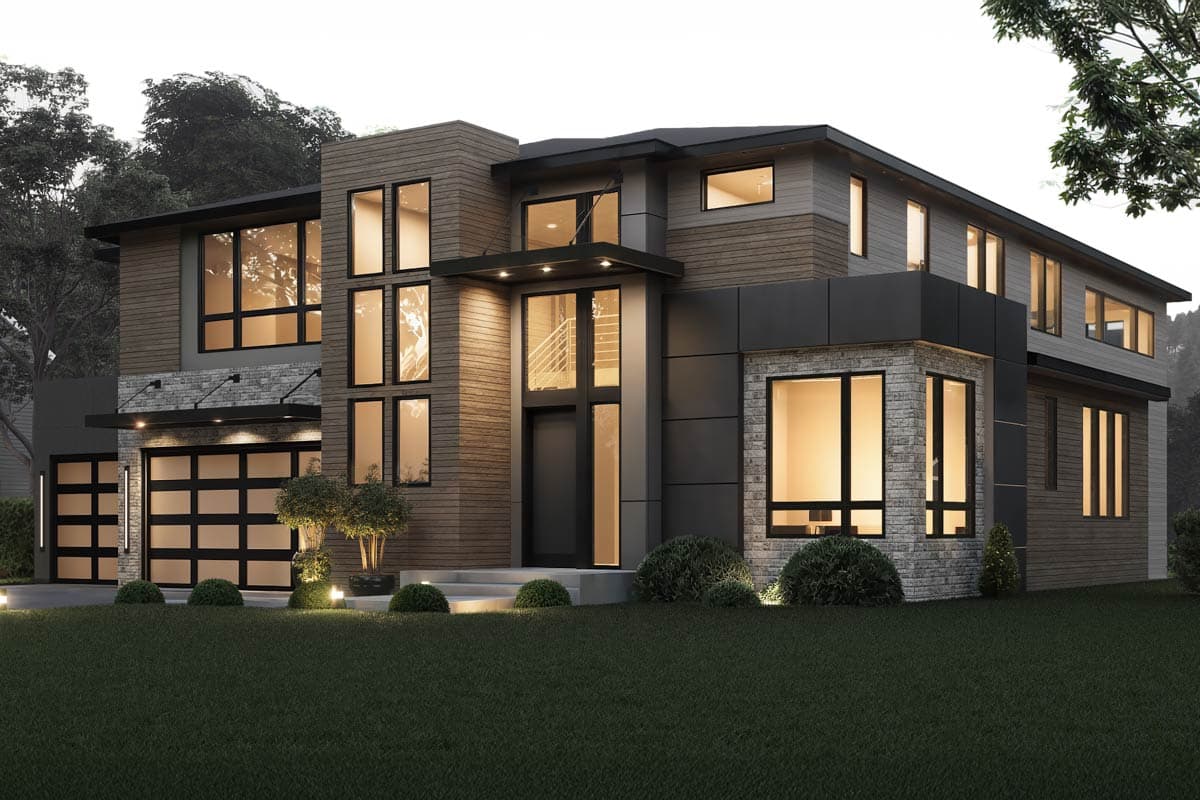 Modern house plan exterior with horizontal siding, stone accents, multiple large windows, and a two-car garage.