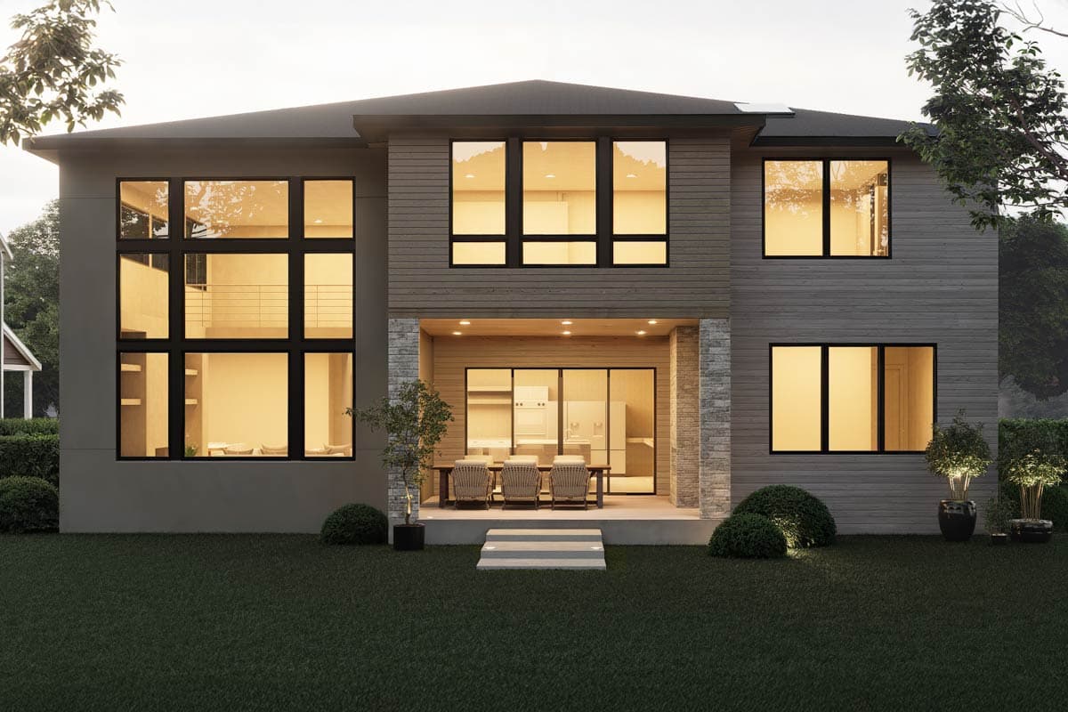 Modern house plan exterior with two stories, large windows, horizontal siding, stone accents, and a covered patio.