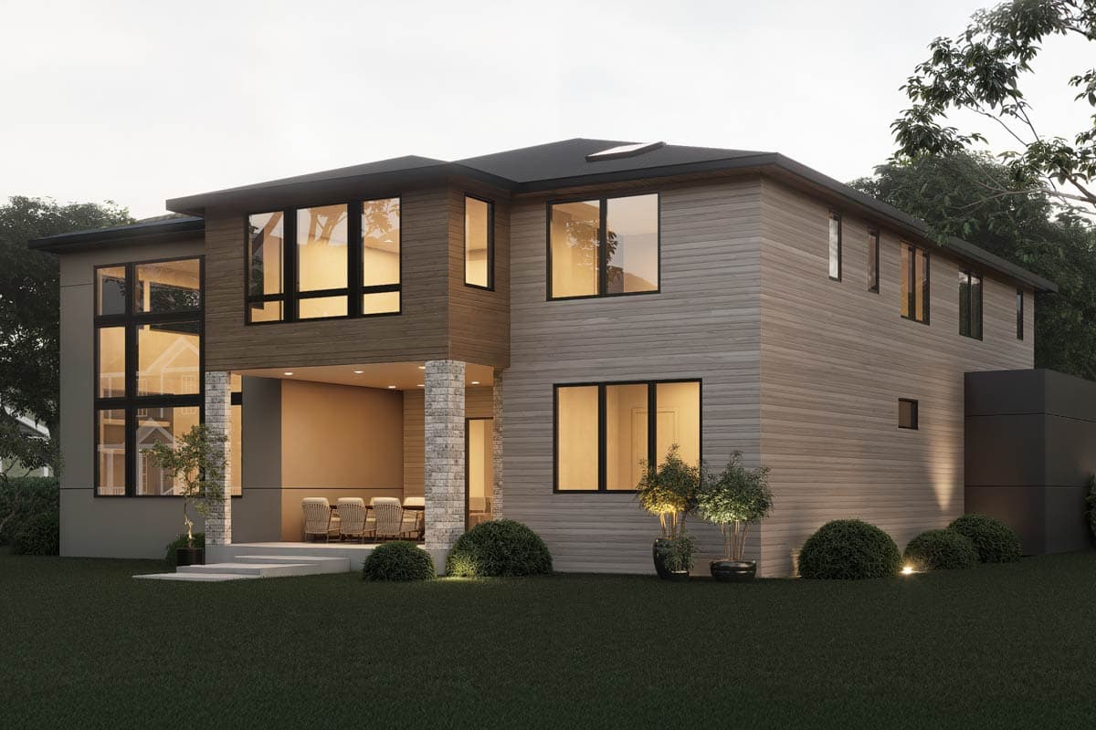 Modern house plan exterior with horizontal wood siding, large windows, covered patio, and stone-clad columns.