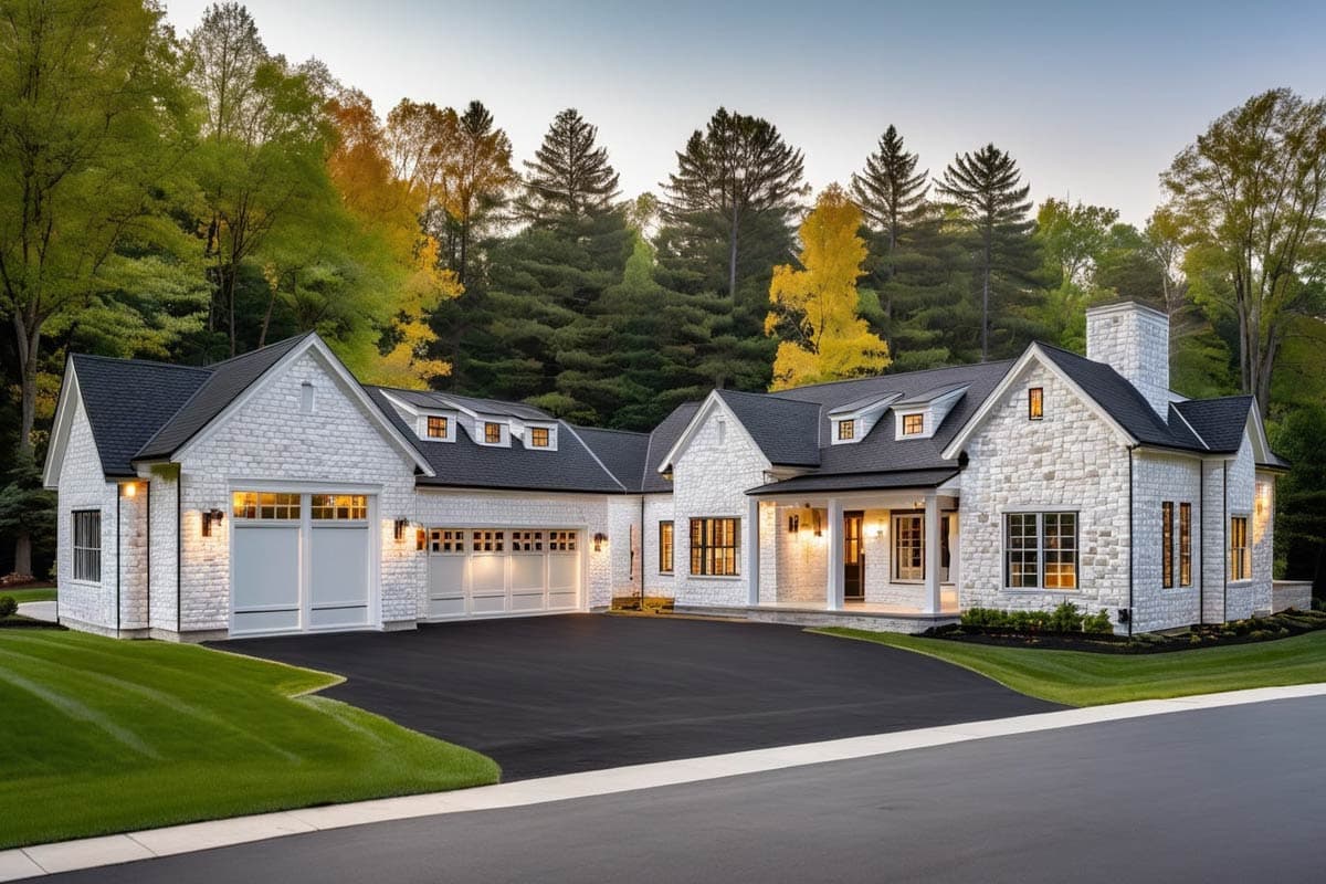 House plan exterior. Two-story Modern Farmhouse with stone facade, multiple dormers, attached garage, and covered porch with columns.