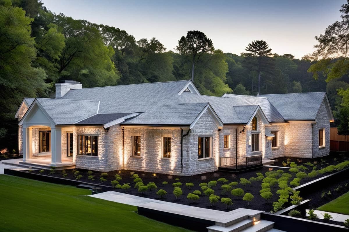 House plan exterior: Single-story stone home with gables, a covered entrance porch, and multiple rooflines.