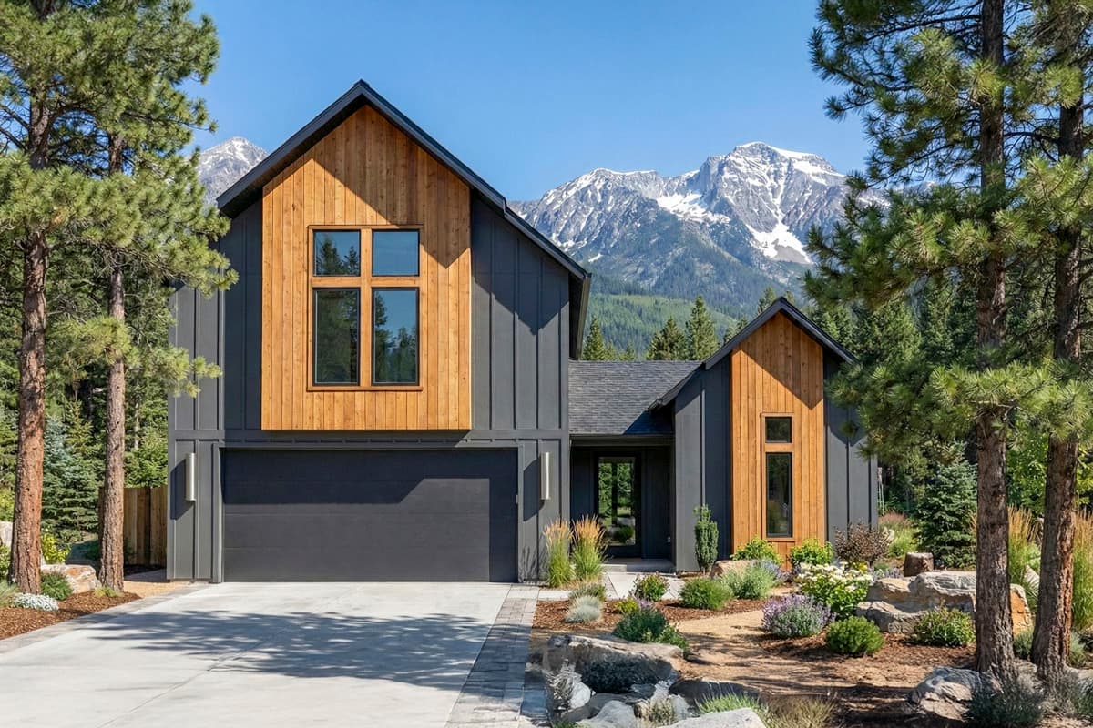 Modern house with natural wood and gray siding, front garage. Landscaped front yard with lawn and trees in background.