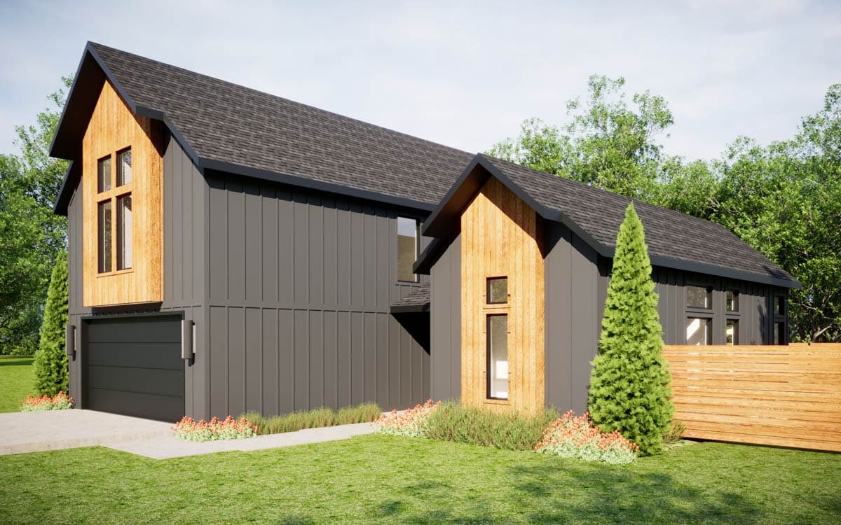 Modern house with dark gray siding, wooden accents, and a black roof. Garage with two windows in wood trim.