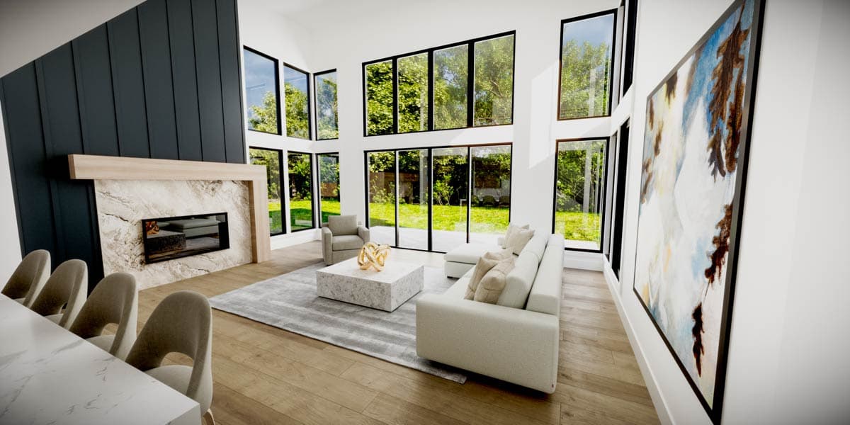 Modern interior great room with fireplace and large windows overlooking a backyard.