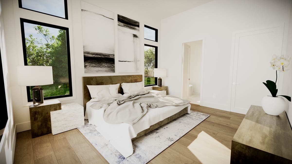 Modern master bedroom with large windows, and a minimalist design. Features a bed, nightstands with lamps.