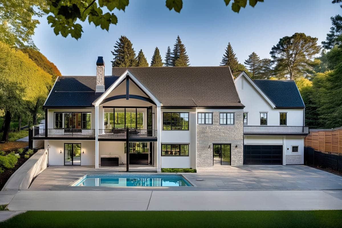 Modern house plan exterior with two stories, stone accents, covered balcony, and a three-car garage.