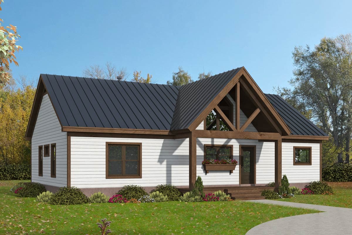 House plan exterior. One-story home with a gable roof, timber-framed porch with truss, and dark metal roof. Features include a flower box.