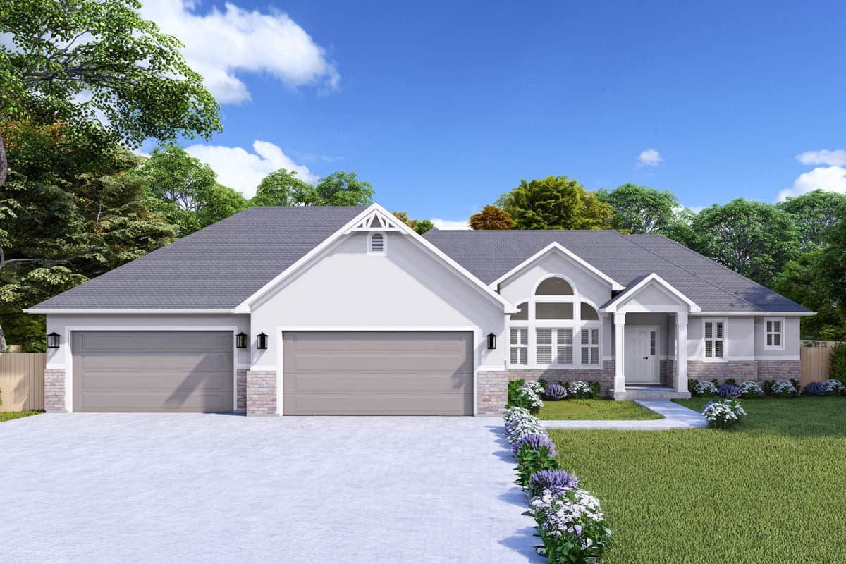 House plan exterior with two-car garage, gable roof, and arched window. Features include a front porch and a light-colored stucco exterior.