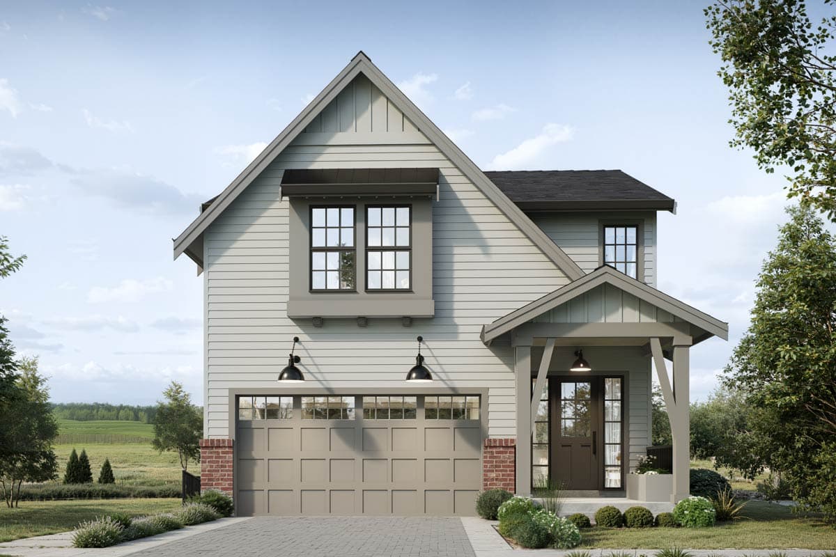 House plan exterior: Modern Farmhouse style, two stories, with a two-car garage, gabled roofline, and covered front porch.
