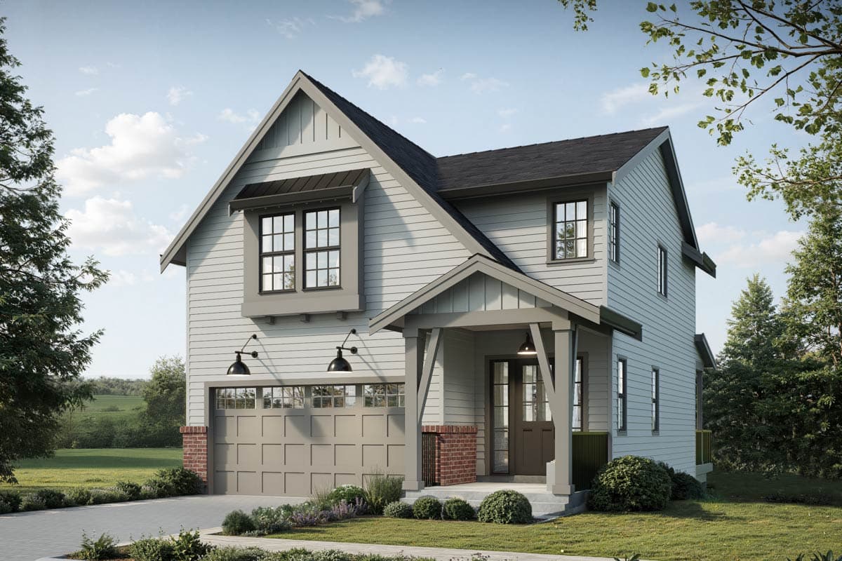 House plan exterior. Two-story Modern Farmhouse with gabled roof, covered entry porch, and attached garage. Includes dormers and dark trim.