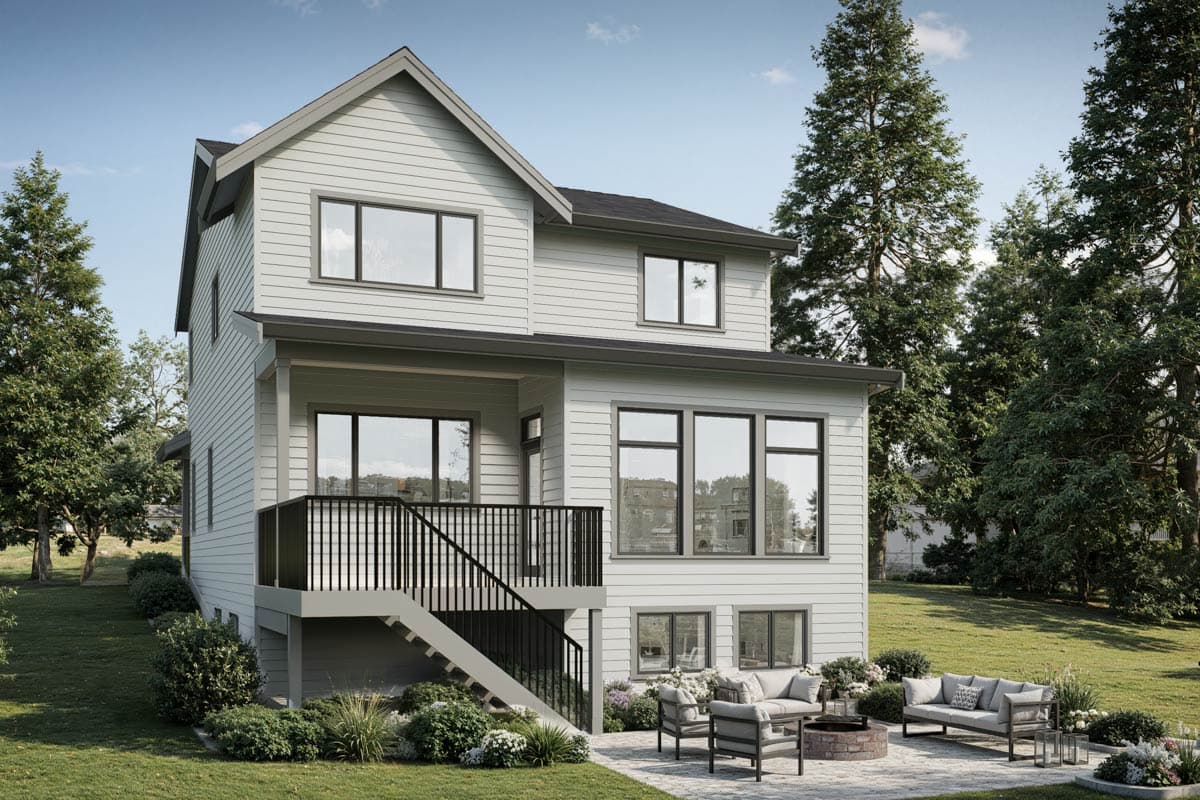 Modern house plan exterior with two stories, prominent gables, a covered porch, and a rear deck with stairs.