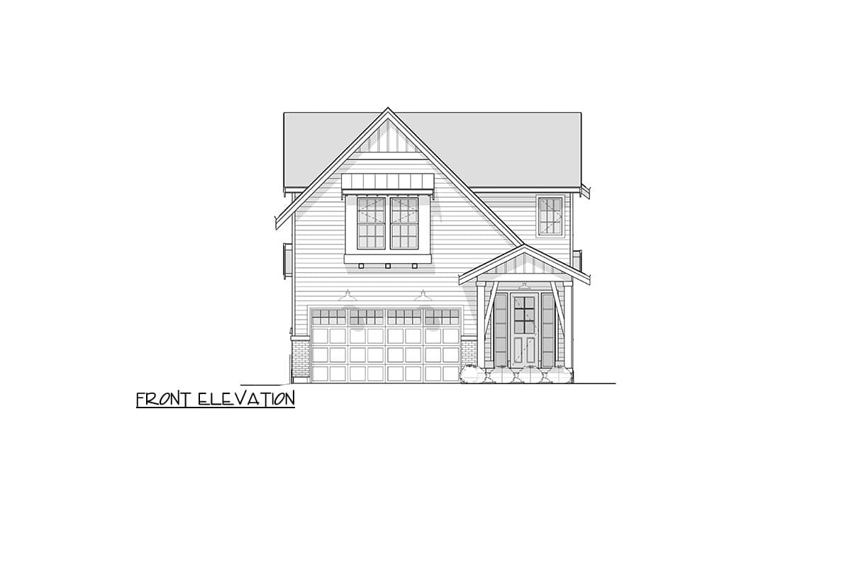 Front elevation drawing of a two-story house plan with a covered entry, gable, and attached garage.