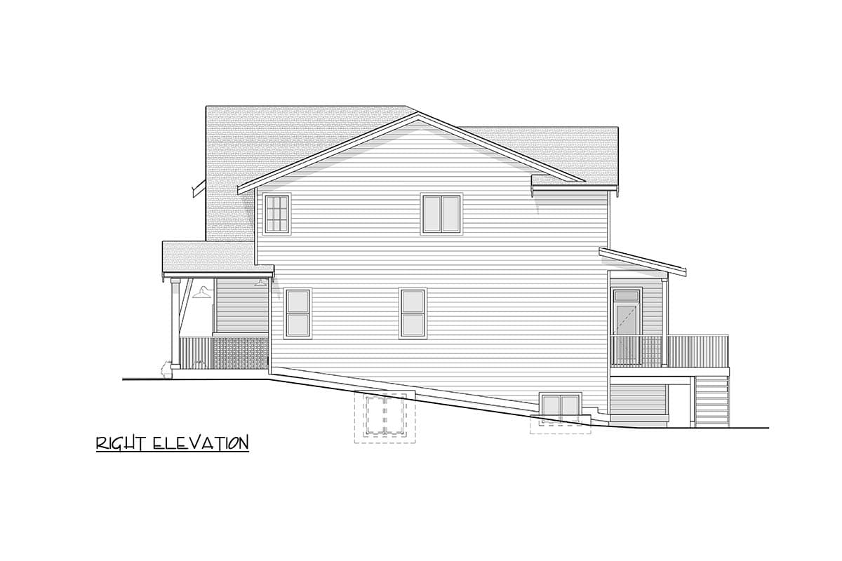 Right elevation drawing of a two-story house with a covered front porch, gables, and a rear deck.
