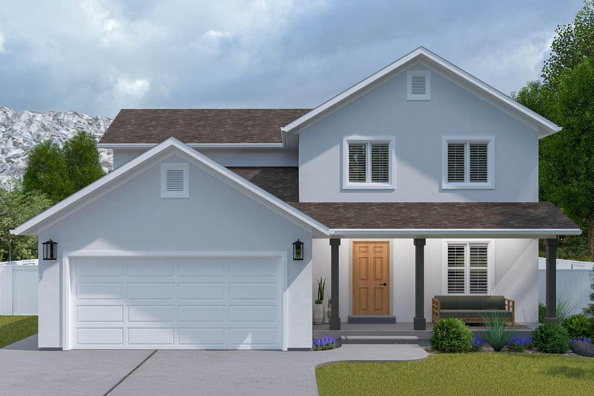 House plan exterior with two stories, a front porch with columns, a two-car garage, and a gabled roof.