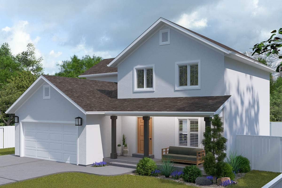 House plan exterior: two-story home with gable roof, attached garage, covered porch with columns, and multiple windows.