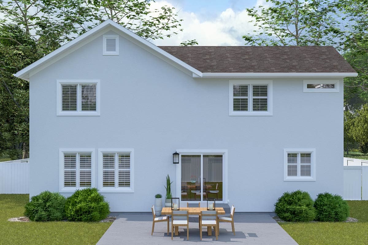 Two-story house plan exterior with gable, multiple windows, and sliding glass doors opening to a patio.