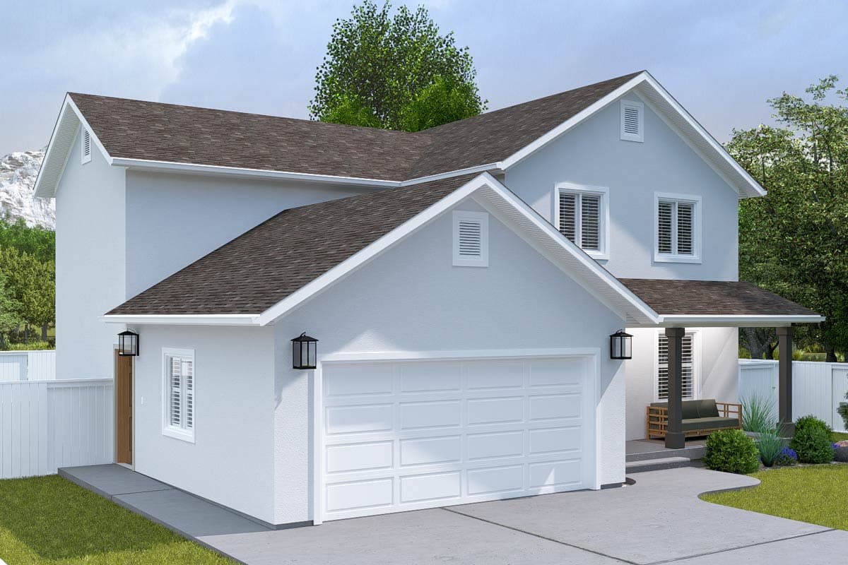 Two-story house plan exterior with attached garage, gable dormer, prominent rooflines, and covered entry porch.