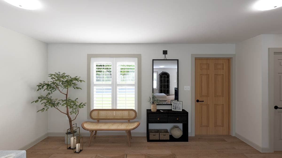 Interior rendering of a hallway with a wooden door, plantation shutters, and a console table with mirror.