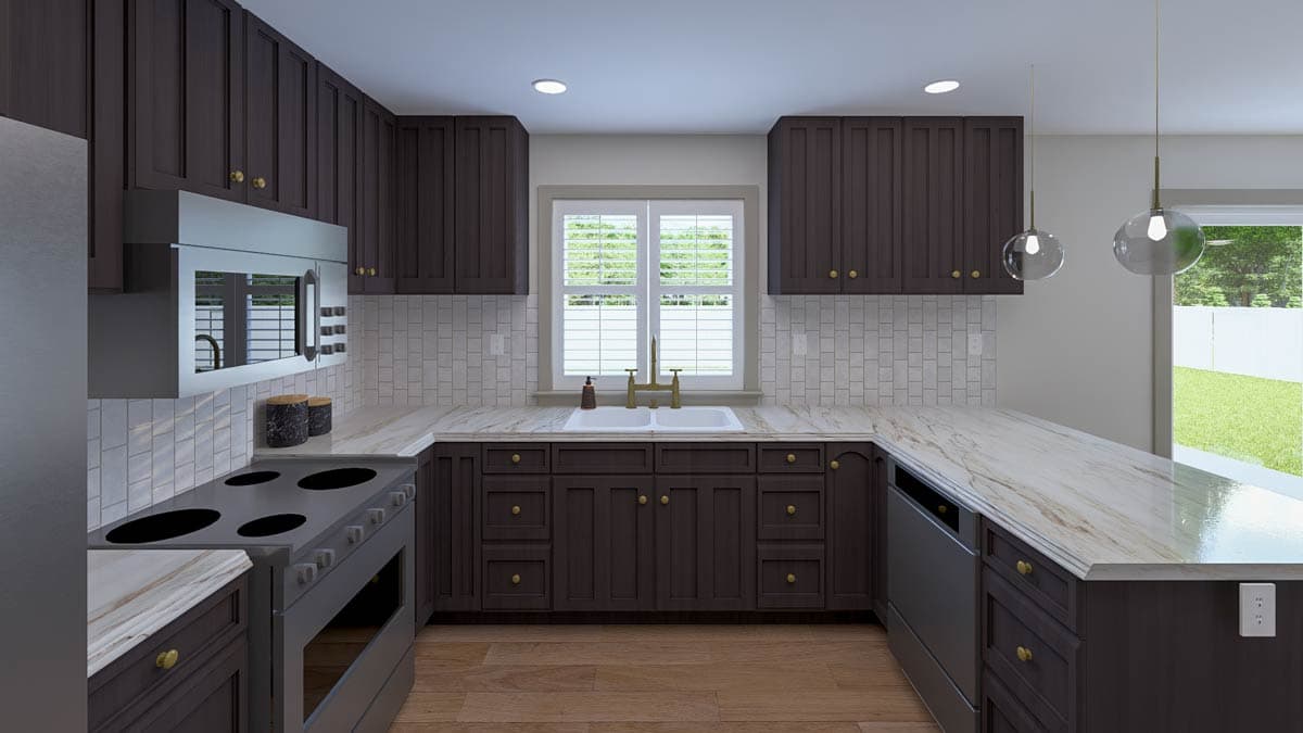 U-shaped kitchen plan with dark cabinets, white subway tile backsplash, double sink under a window, and granite countertops.
