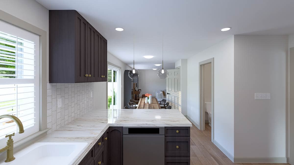 Kitchen rendering with dark wood cabinets, marble countertops, subway tile backsplash, and open view to dining area and bathroom.