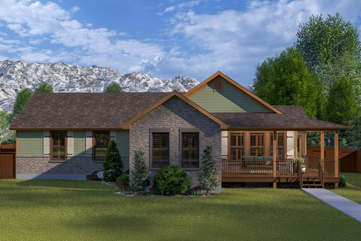 House plan exterior. Ranch style with a front porch, gabled roof, and brick and siding exterior. Features include shutters and exposed rafter tails.