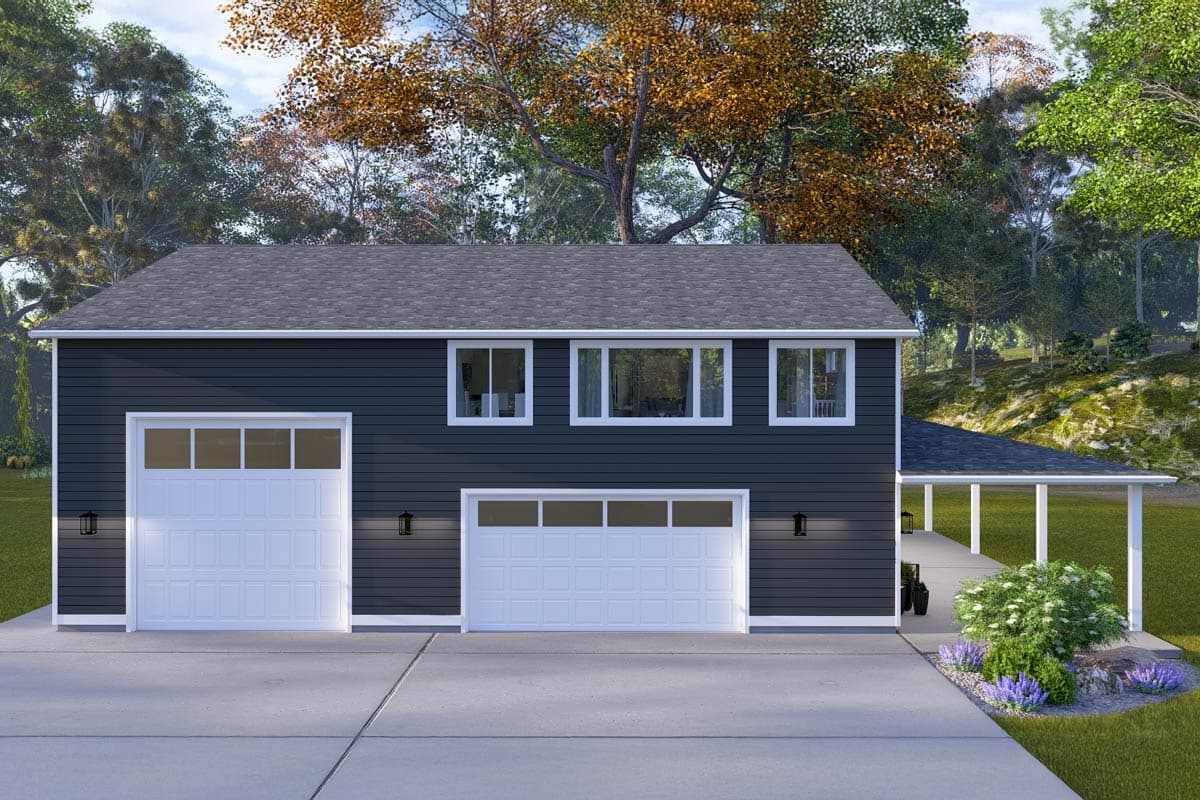 House plan exterior. Two-story structure with two-car garage, multiple windows on the second floor, and a covered porch. Dark siding.