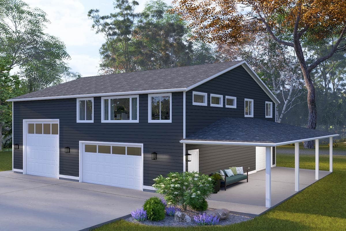 Modern house plan exterior: Two-story dark siding, two-car garage, one single garage, and covered patio.