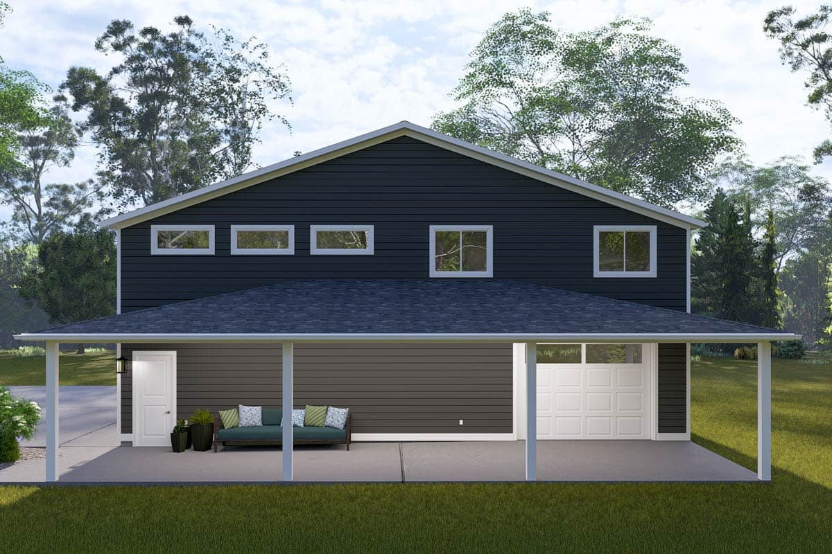 House plan exterior: Two-story Modern Farmhouse with covered porch, central garage, and horizontal siding.