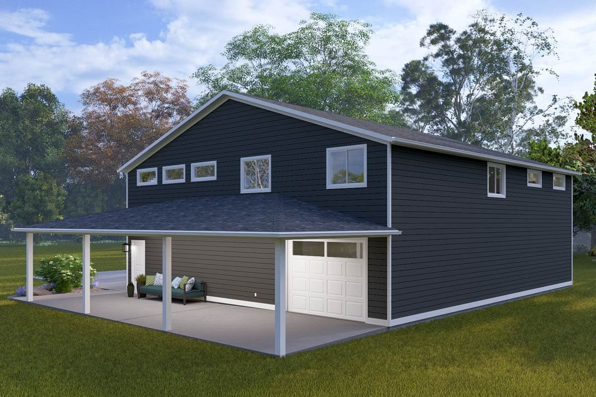 Two-story house plan exterior with a covered carport, garage door, and horizontal siding. Three small windows on upper level.