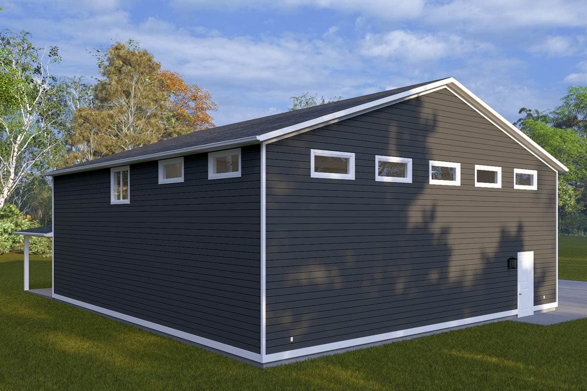 House plan exterior, Modern style, one story, dark horizontal siding, multiple rectangular windows, and a single door.