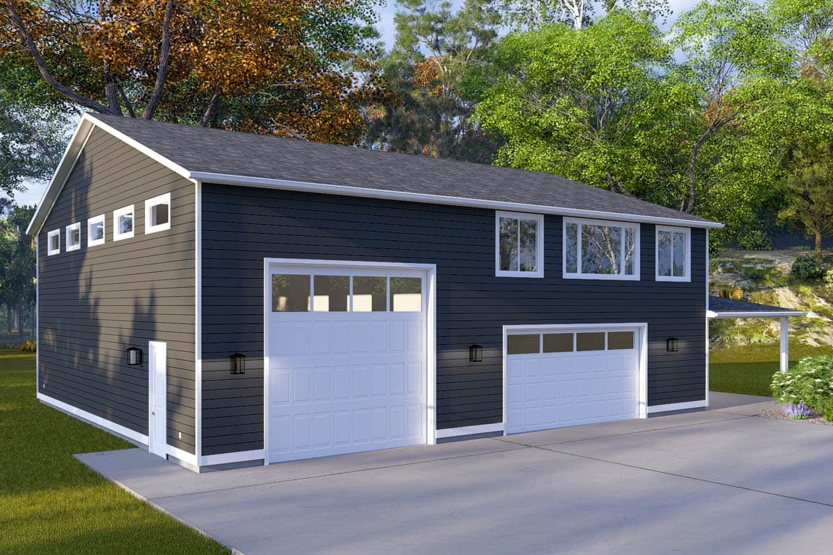House plan exterior: two-story, dark siding, two-car garage, single-car garage, covered carport, and row windows.
