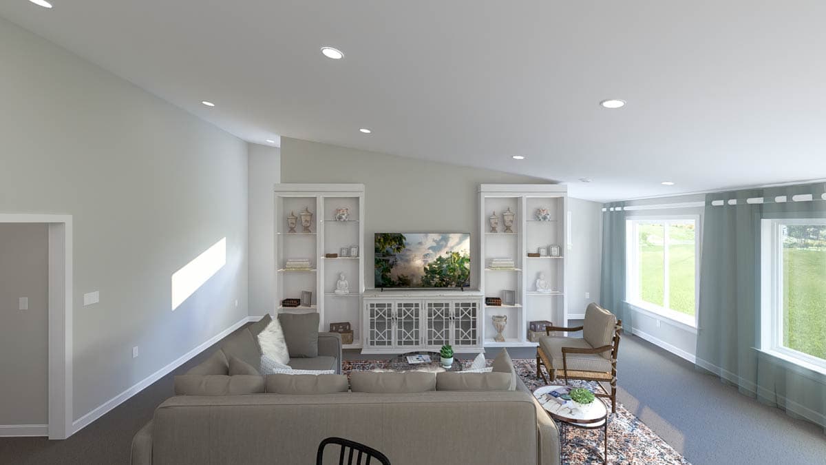 Living room interior rendering with vaulted ceiling, built-in shelving flanking a media console, and large windows.
