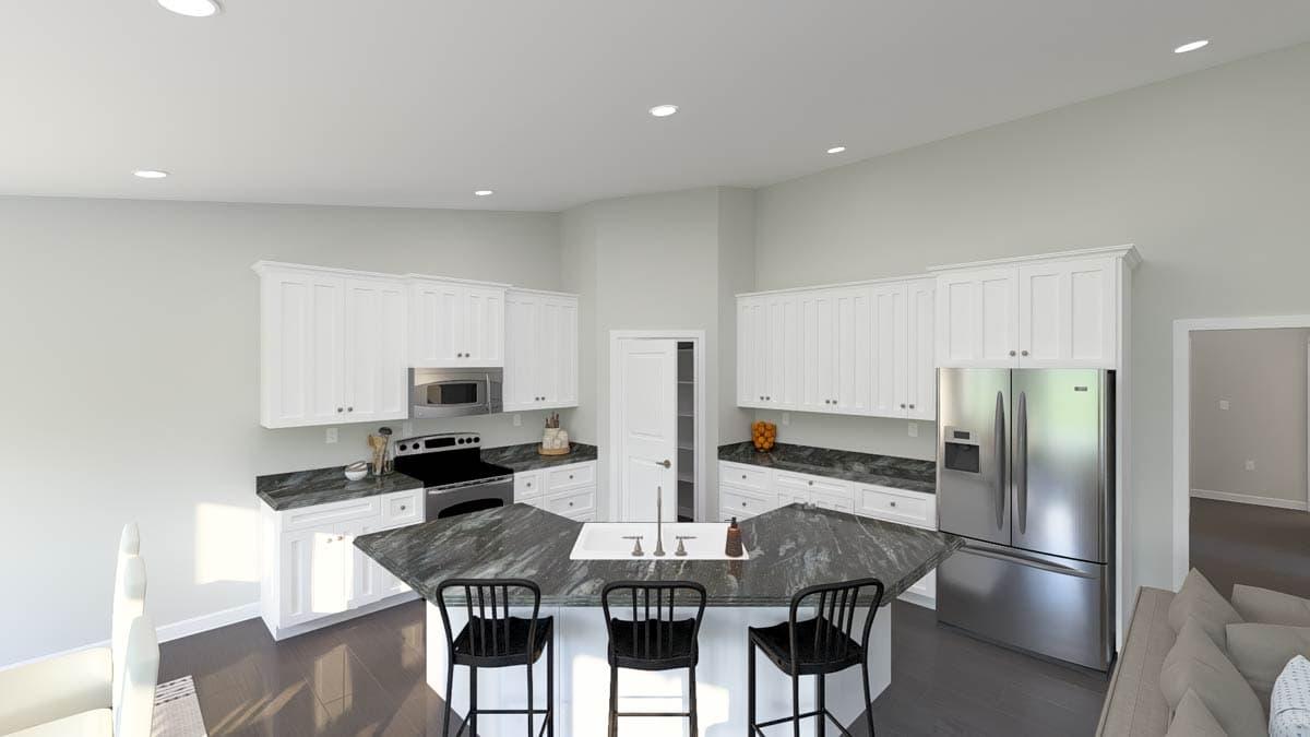 Interior kitchen view with white cabinetry, stainless steel appliances, a large geometric island with a sink, and dark countertops.