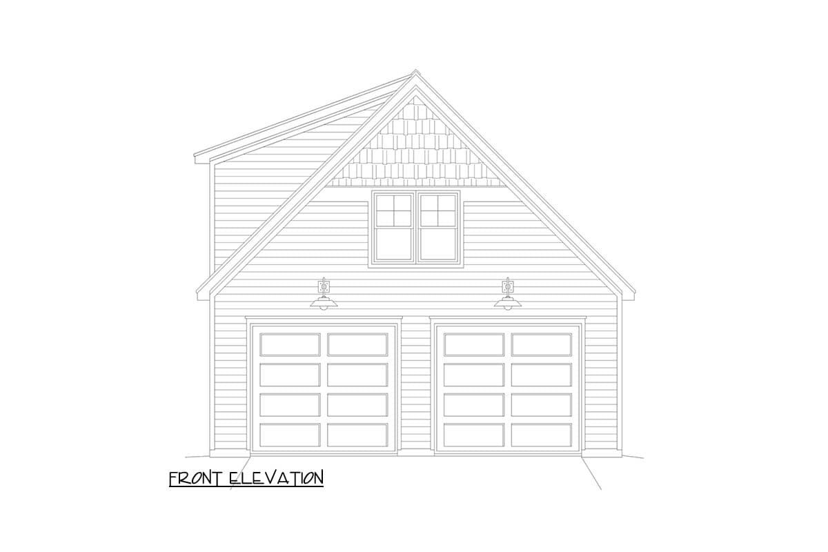 Front elevation drawing of a two-car garage with a gable dormer and two garage doors.