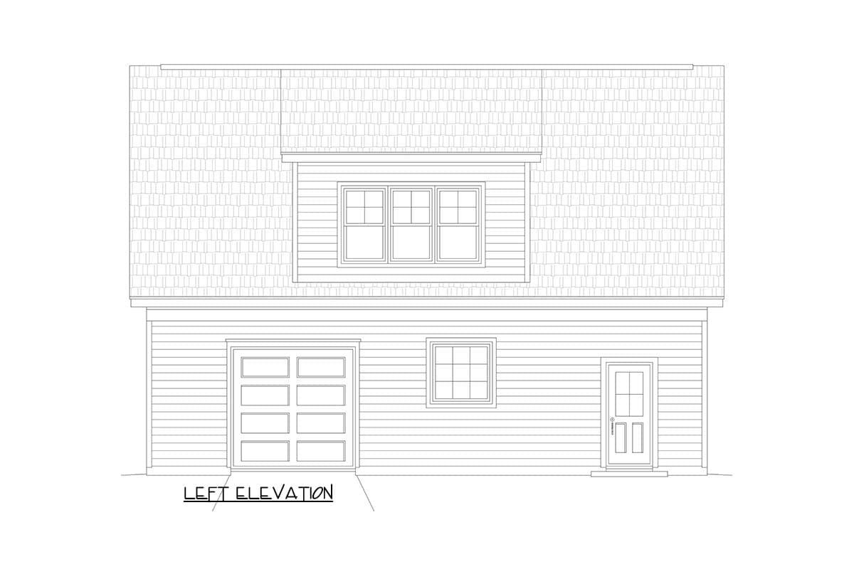 Left elevation house plan showing a garage door, a window, a door, and a dormer with three windows.